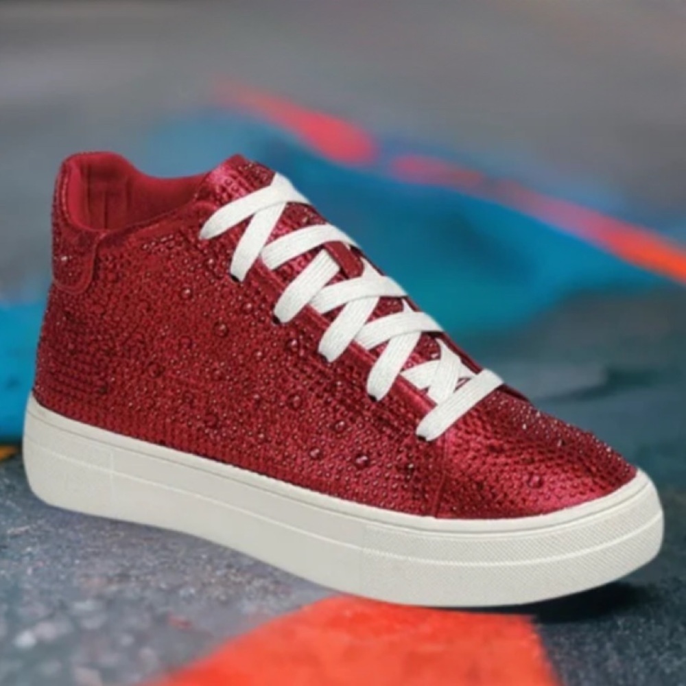 GIRLS Red Rhinestone Lace-Up High Top Sneakers